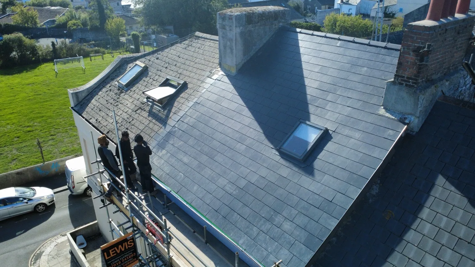 Shield Roofing finished man-made slate pitched roof in Plymouth photographed from a drone
